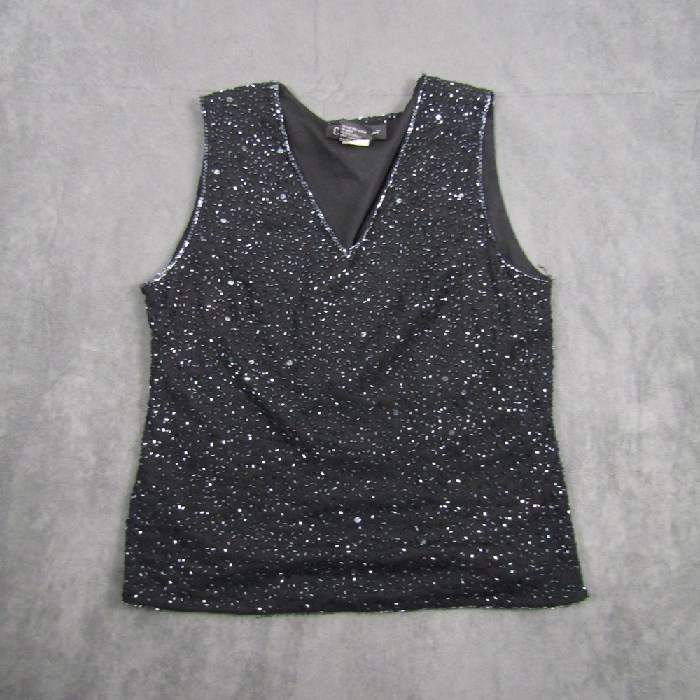 Laurence Kazar Beaded Sequin Tank Top Womens Large Black V-Neck Evening Vest